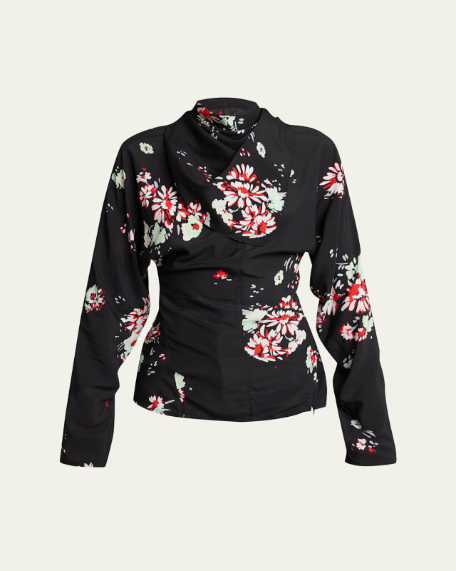 Ysabelle Floral Draped Long-Sleeve Top